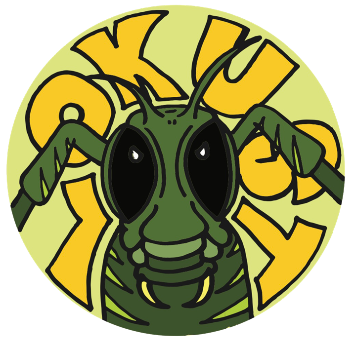 Lokust Records logo: a grasshopper face inside a circle of yellow lettering
