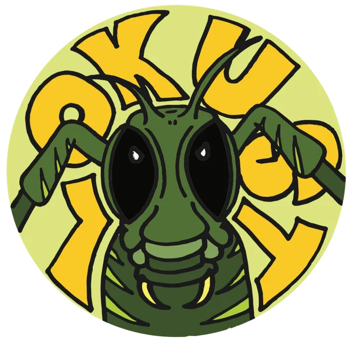 Lokust Records logo: a grasshopper face inside a circle of yellow lettering